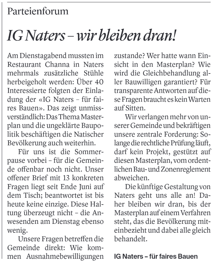 Leserbrief «IG Naters – wir bleiben dran!» im Walliser Bote, Parteienforum